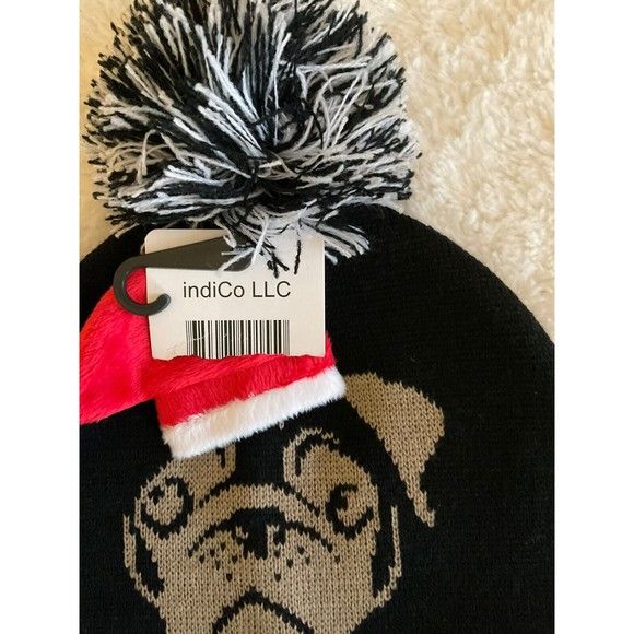 NWT BAH HUMPUG Black Knit Hat With Santa Pug And Pom Pom. Great Gift/ Ugly Xmas - Picture 4 of 4